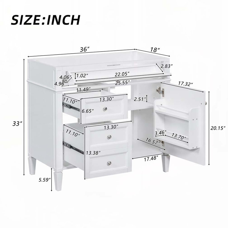 Meuble-lavabo de salle de bain sans lavabo, avec 2 tiroirs et un tiroir basculant, Blanc