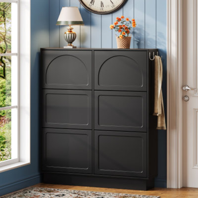 Narrow Shoe Cabinet With 6 Flip Drawers - Entryway Organizer, Space-Saving Design, Silvery Hooks