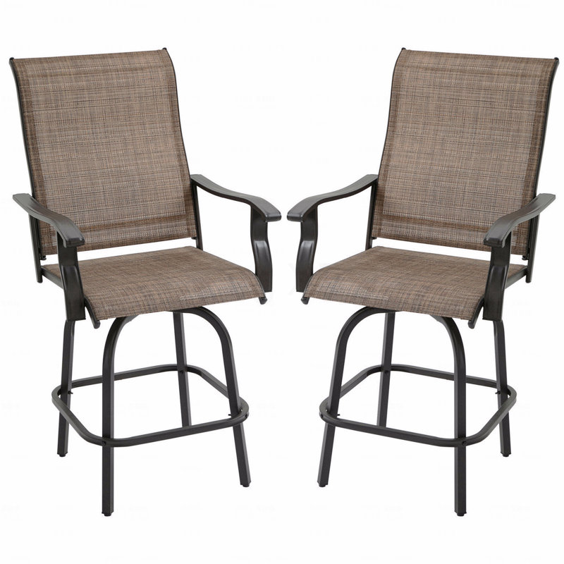 Patio Set Of 2 Outdoor Swivel Bar Stools With Armrests, Bar Height Steel Frame For Balcony Brown