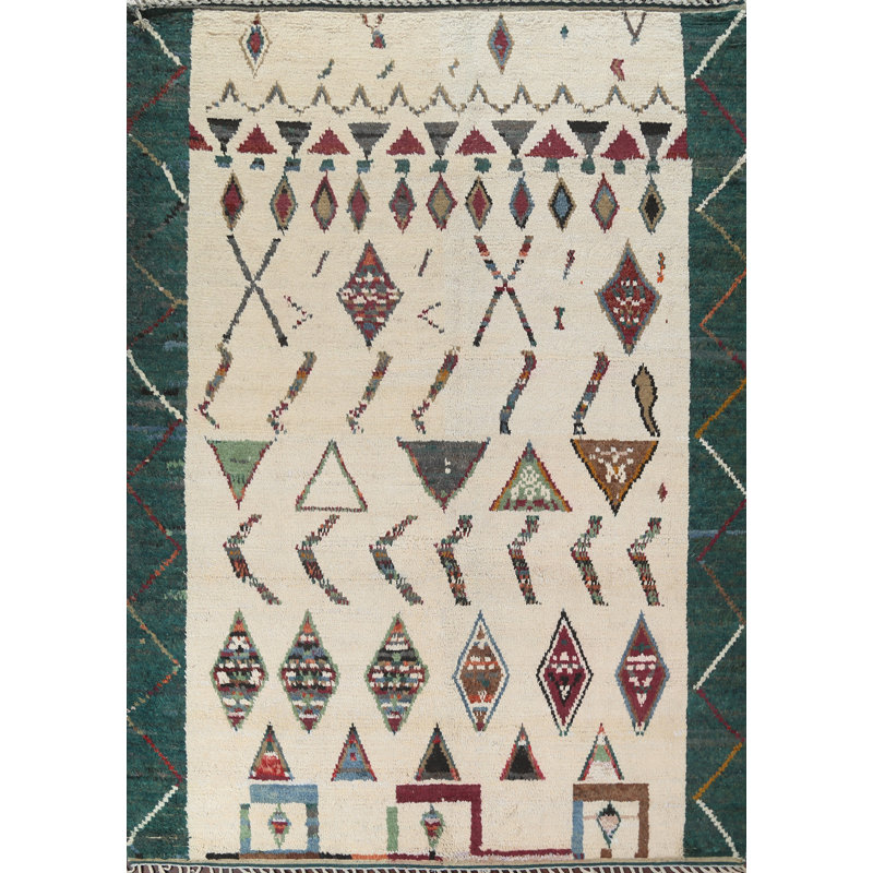 Tapis ivoire en laine noué à la main de conception unique 8 pi 3 po x 10 pi 8 po Moroccan