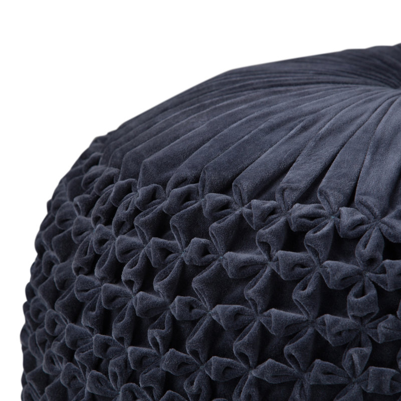 20 Inch Wide Round Pouf In Navy Velvet, Black
