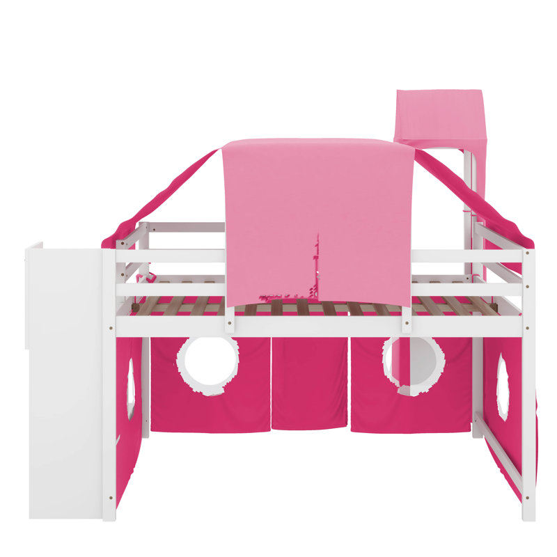 Lit mezzanine double avec tente et tour, Rose