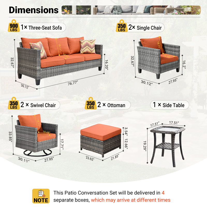 Ensemble de conversation avec canapé en rotin 8 pièces et coussins 8 pièces, Orange-rouge