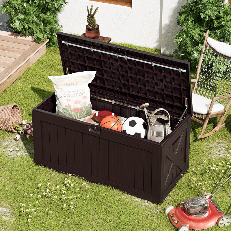 Furmax 120 Gallons Water Resistant Plastic Lockable Deck Storage Box, Brown