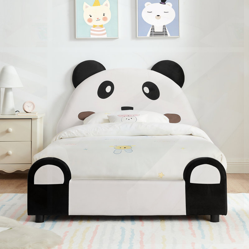 Lit simple mignon en forme de panda avec bords rembourrés de sécurité, structure de lit pour tout-petits en bois massif pour enfants, tissu en velours