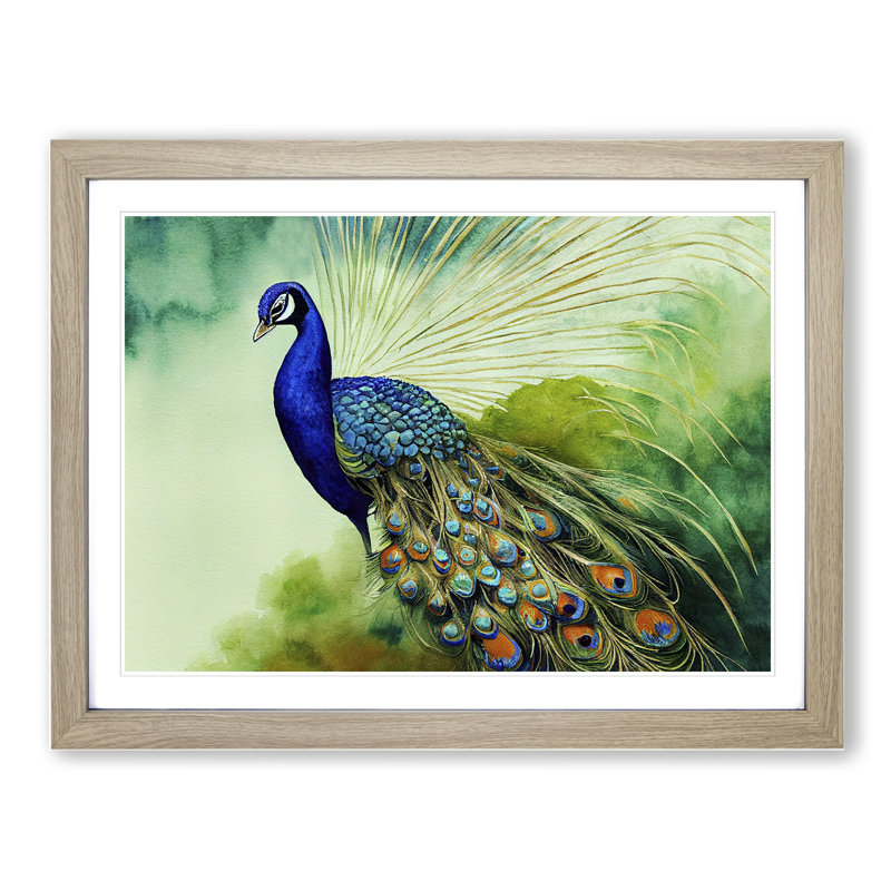 Watercolour Peacock - Single Picture Frame Print, 25cm H x 34cm W x 2cm D, Oak Framed