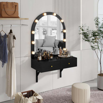 Meuble-lavabo flottant avec miroir et 3 lumières de couleur, coiffeuse murale avec prise de courant, meuble-lavabo compact, grand rangement, noir