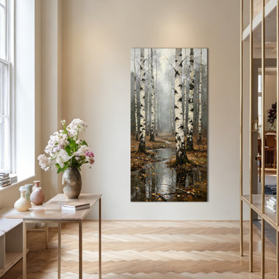 Impression d'art mural vertical sur toile de bouleau vertical, décoration de forêt brumeuse pour le hall d'entrée du bureau de la chambre à coucher, œuvre d'arbre nature avec feuilles d'automne, toile tendue avec cadre en pin, 32 po x 16 po