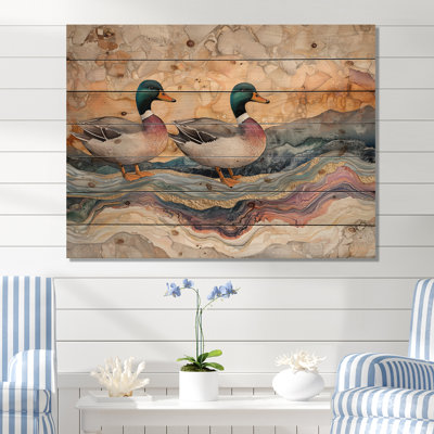 Ducks Family At The Lake Landscape IV - Duck Animal Wood Wall Decor - On Natural Pine Wood