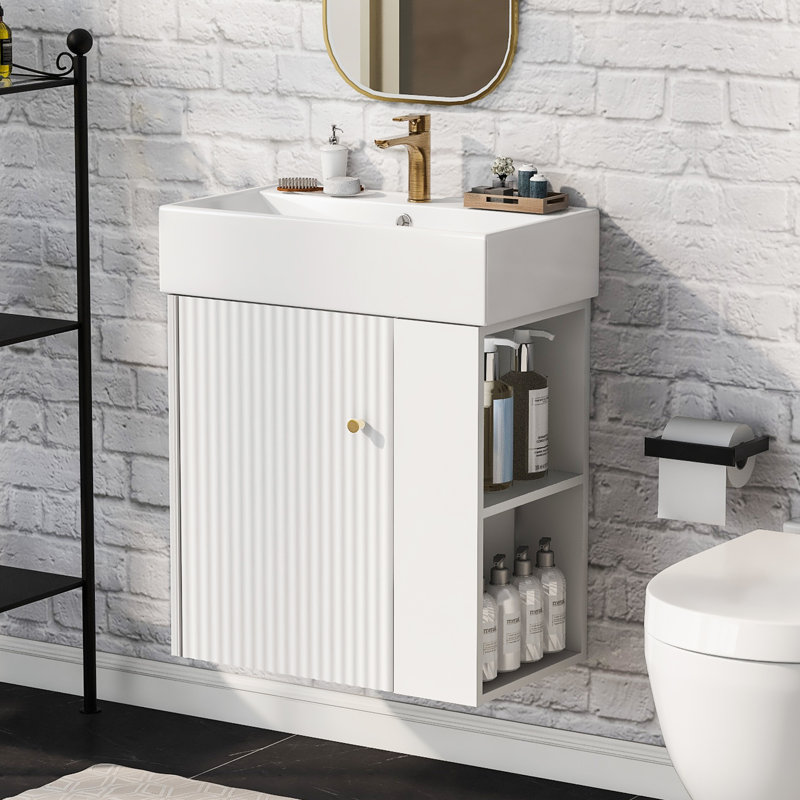 Lynice 21.6'' Floating Single Bathroom Vanity with Top, White, Gold