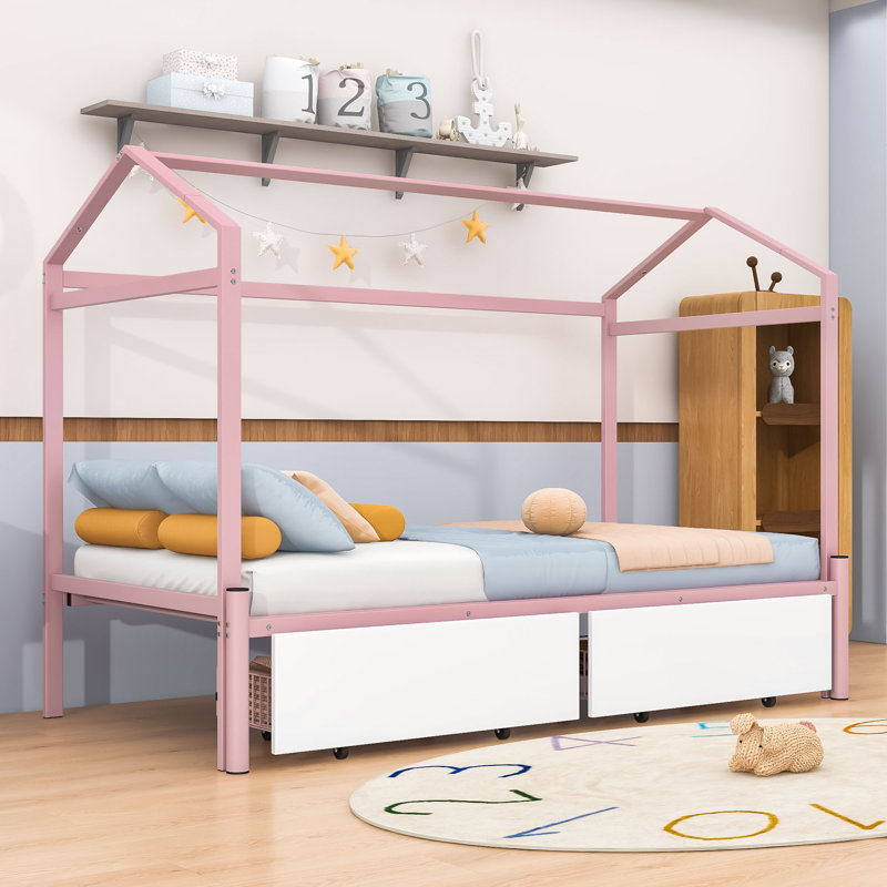 Atice Twin XL to King Size Platform Bed with 2 Drawers, Pink