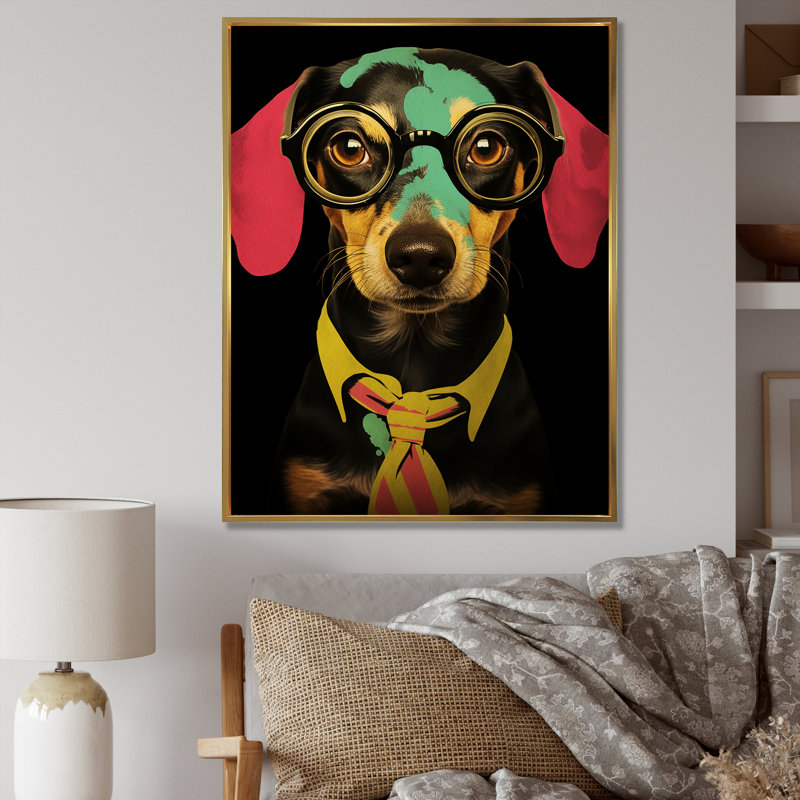 Curious Popart Daschund Dog III - chien, art mural, Cadre flottant doré, H 44 po x l 34 po x P 1,5 po