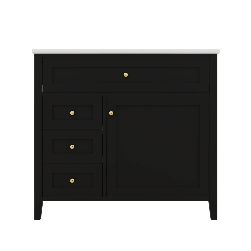 Armoire de meuble-lavabo 36 po, avec lavabo en céramique, 3 tiroirs, Noir, Doré