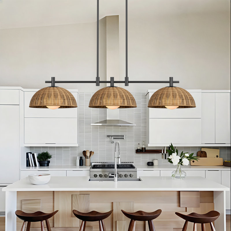 Luminaire suspendu en forme de dôme moderne moderne à 3 lumières de l 41 po avec abat-jour en rotin tissé à la main pour salle à manger ou îlot de cuisine