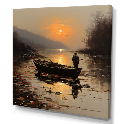 Pêche au bord de la lune orange et brune au bord du lac - Bateau pêche, art mural