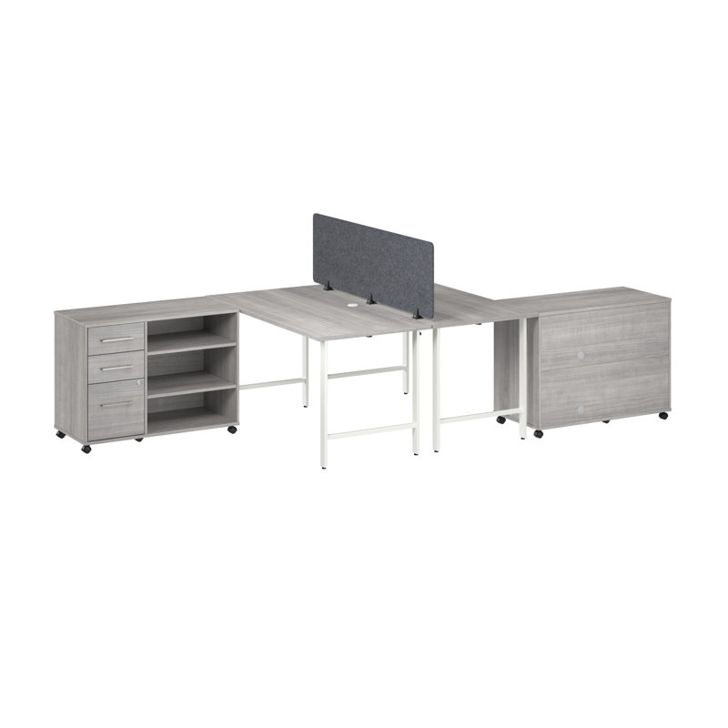 Bush Business Furniture Hustle 2 Person Computer Desk With Mobile Storage Cabinets, Power Grommets, And Privacy Screen