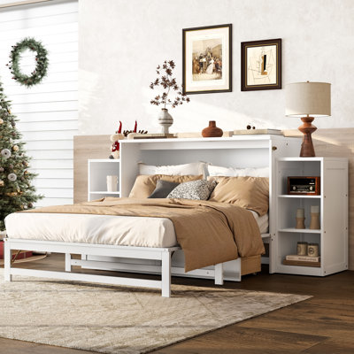 Full size Murphy bed with spacious storage drawers and shelves. Ideal for guest rooms or compact bedrooms. Light gray by Latitude Run