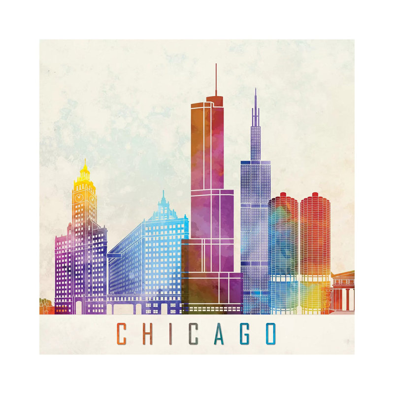 Chicago Landmarks Watercolour 1 Piece Wrapped Canvas Wall Art, 30.48cm H x 30.48cm W 1.9cm D