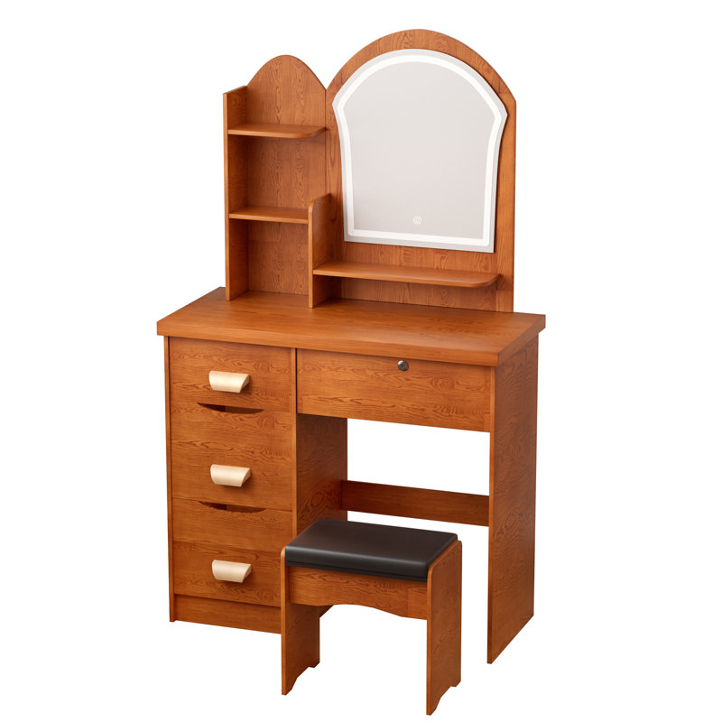 Bureau de maquillage avec miroir lumineux à DEL, coiffeuse à 4 tiroirs et tablettes ouvertes, coiffeuse de chambre à coucher avec tabouret