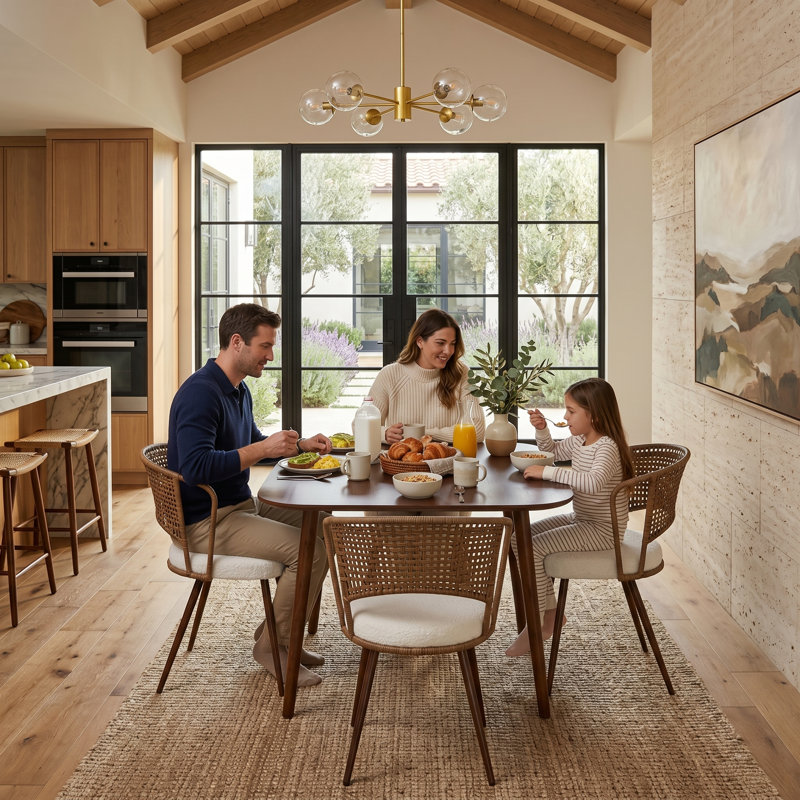 Dark Walnut Square Dining Table + Set Of 4 Wicker Dining Chairs – Modern Capel Kitchen Set, Walnut