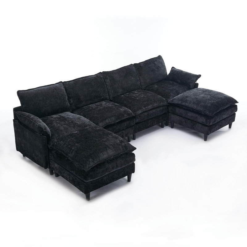Canapé modulaire 5 places en chenille avec repose-pieds, Chenille bleu foncé