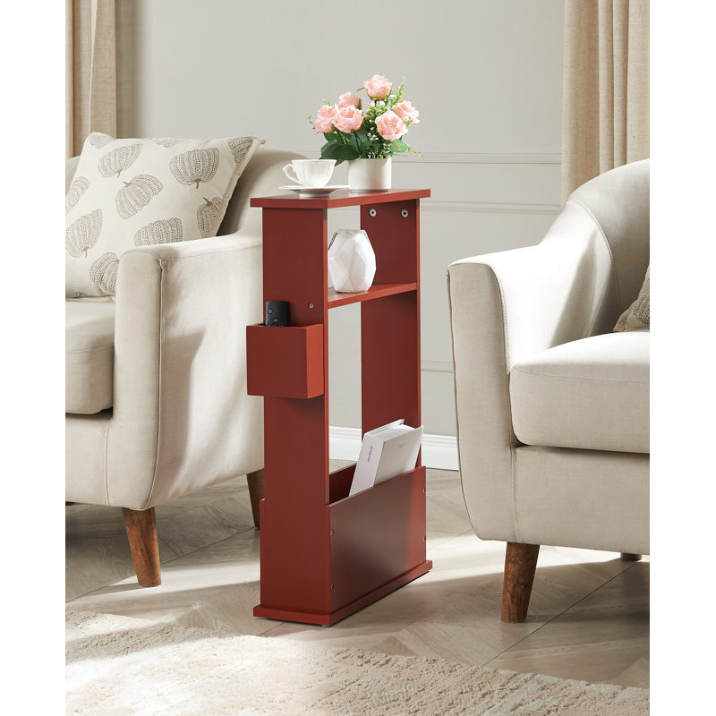 Narrow Side Table with Storage Shelf, Slim End Table with Magazine & Remote Holder, Small Space Bedside Table for Living Room or Bedroom