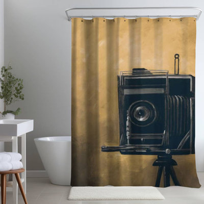 Vintage Camera – Blue Rustic Bedroom – Polyester Shower Curtain, Dye Sublimation Print, 71" W × 74" L