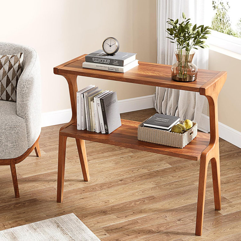 Table de bout de style Mid-Century moderne, table d'appoint étroite avec tablette de rangement à 2 niveaux
