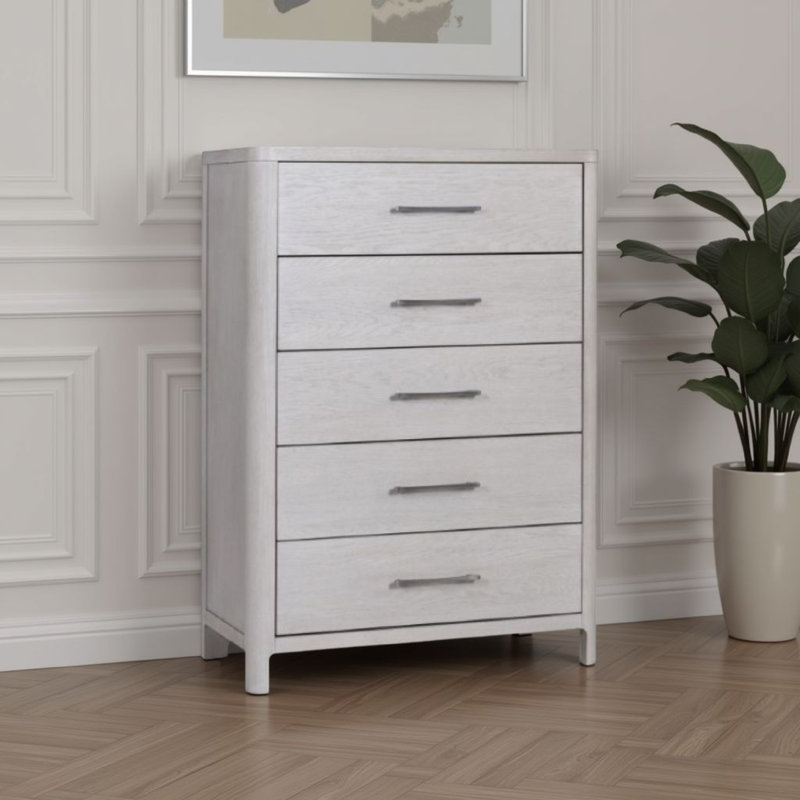 Reham Tall Dresser Chest, 5 Drawers, Pewter Handles, White Wash Brown