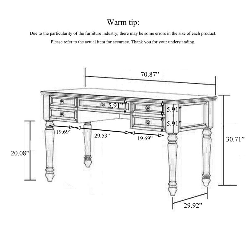 Bureau en bois massif American Country Style, H 30,71 po x l 70,87 po x P 29,92 po, Brun