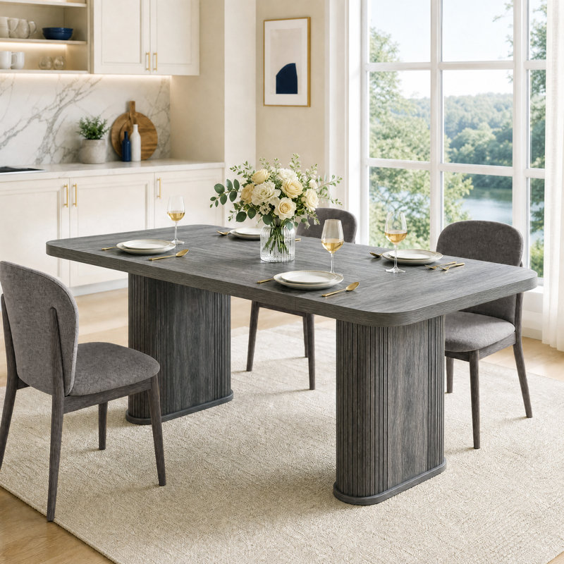 Table de salle à manger rectangulaire de 157 cm de long pour 6 à 8 personnes, pieds centraux robustes et grand plateau, style moderne pour la cuisine, la salle de conférence et le salon, grise