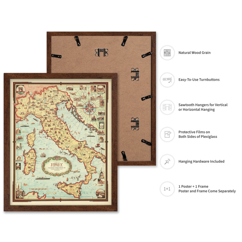 Carte illustrée de l'Italie, H 24 po x l 32 po, Affiche, Encadrement brun