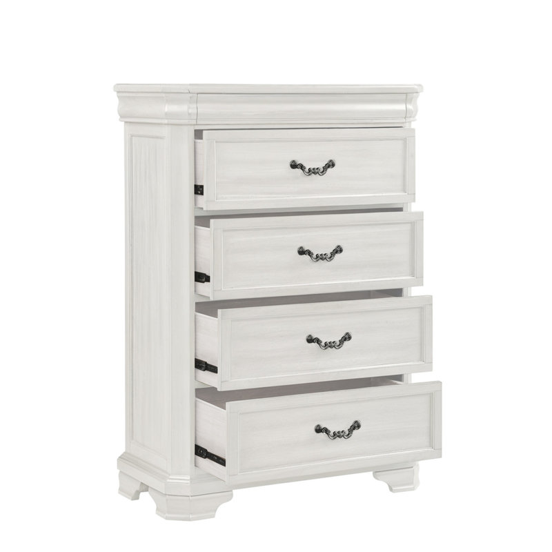 Commode haute Lynda, 4 tiroirs, bois d'acacia massif blanc classique