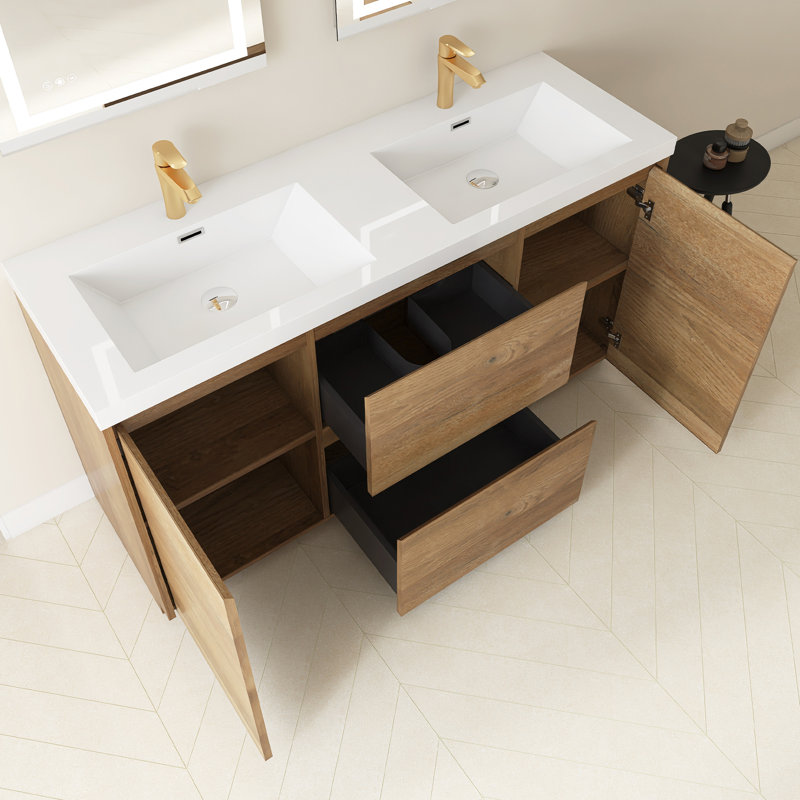 Ensemble de meuble-lavabo autoportant l 59 po x l 20 po x H 33 po brillant avec plateau en résine blanche, Chêne naturel