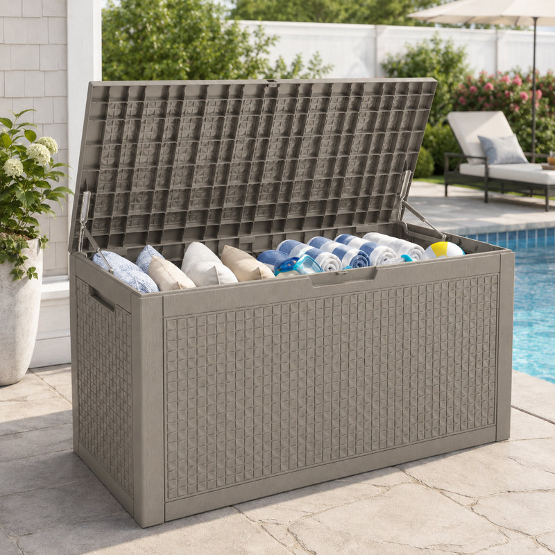 120 Gallon Large Lockable Resin Deck Box, Gray