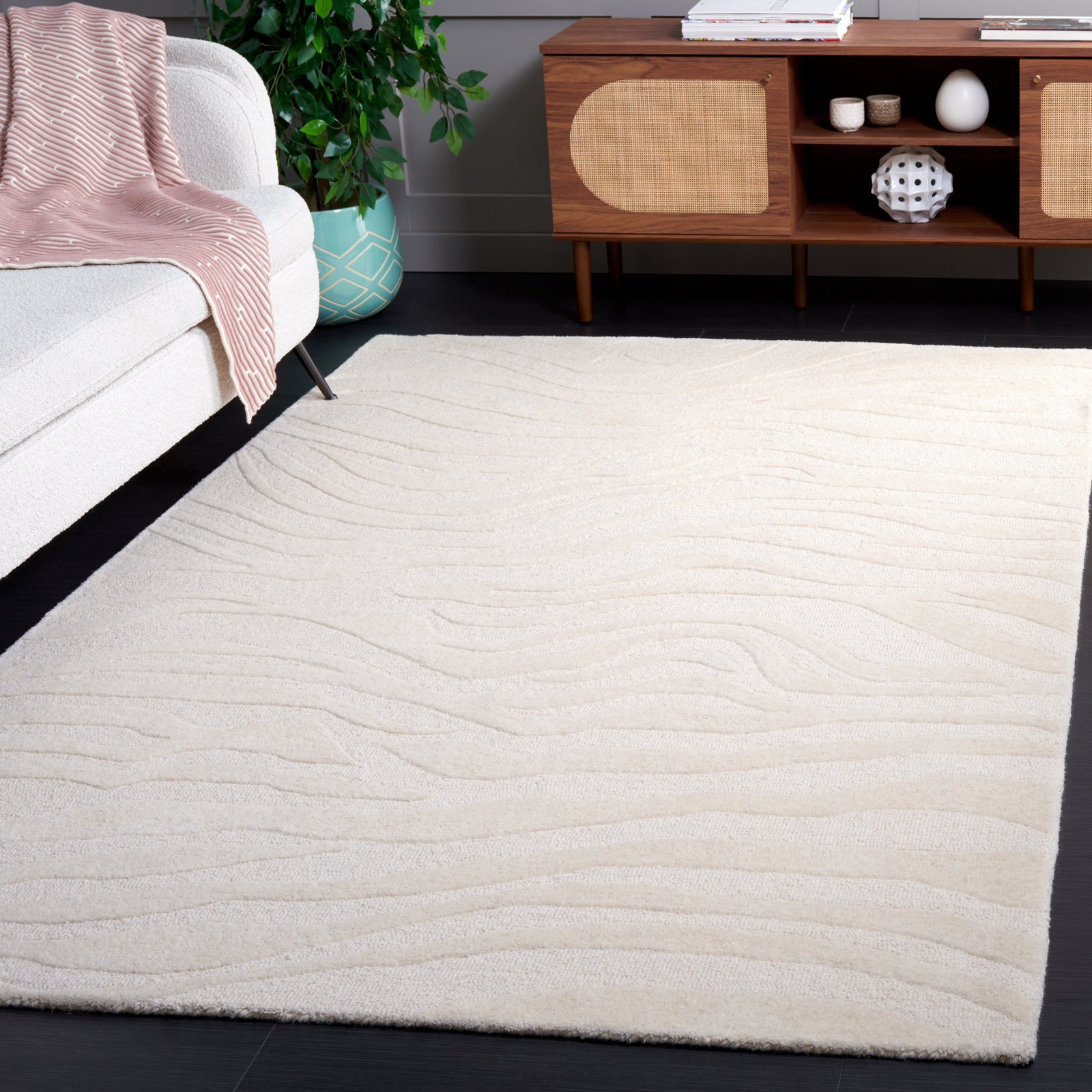 Burleson Abstract Hand Tufted Wool Area Rug in Ivory, Rectangle 5' x 8'