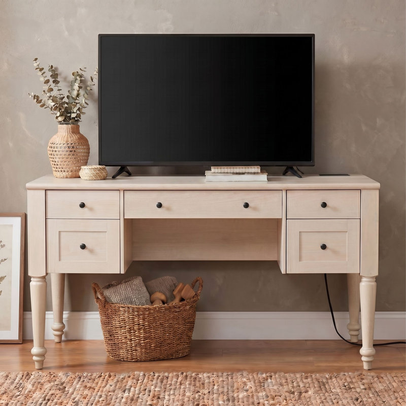Morden TV Stand for 60 inch TV with 5 Drawers, Wooden Universal TV Stand with Storage Cabinets, Vintage Office Desk with Charging Station, Entertainment Center TV Console Table for Living Room, Beige