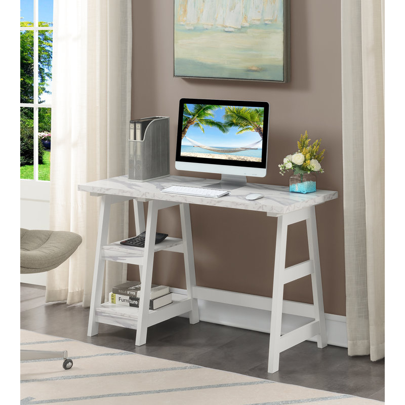 Saribek Reversible Computer Desk, White Faux Marble/White