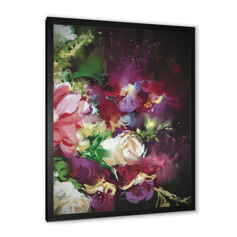 Abstrait bouquet de fleurs roses abstraites - reproduction sur toile, Cadre noir, H 12 po x l 8 po x P 1 po