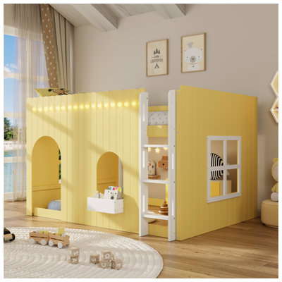 Lit mezzanine double pour enfant avec guirlande lumineuse à DEL, jaune primevère
