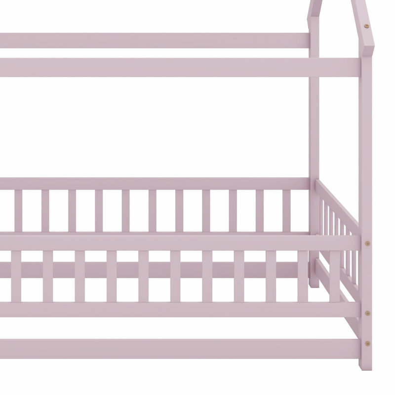 Lit en bois avec structure de toit et garde-corps de sécurité, Rose