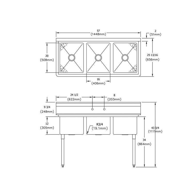 Évier de service autoportant L 57 po x l 25,81 po Dependabilt