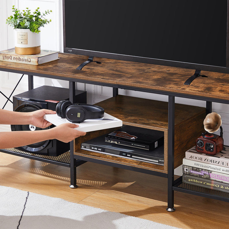 Meuble télé industriel pour téléviseur de 65 po ou moins Pursley, meuble audio-vidéo brun avec tablettes de rangement, meuble télé rustique pour salon, chambre à coucher ou salle de jeux