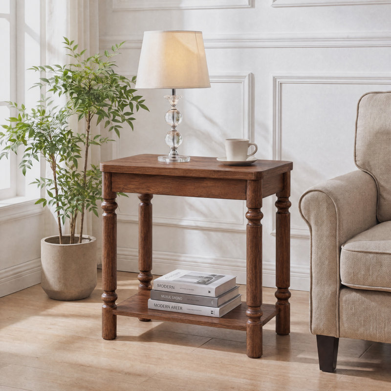 Table d'appoint en bois massif avec rangement ouvert, Brun foncé, Ensemble de 2