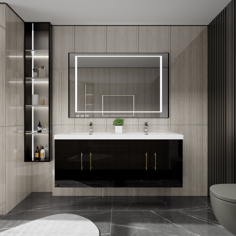 Romer 59''Wall-Mounted Double Bathroom Vanity Set, Glossy Black
