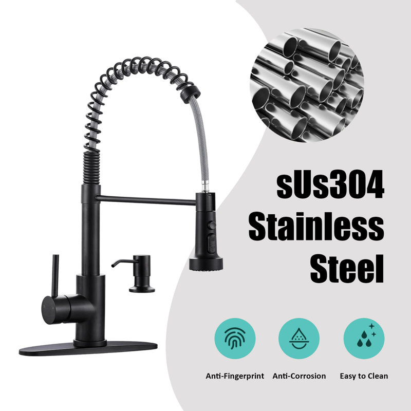 Stainless Steel Kitchen Faucet With Pull-Down Spray Nozzle, 3-Function Single Handle Kitchen Faucet, With Soap Dispenser.