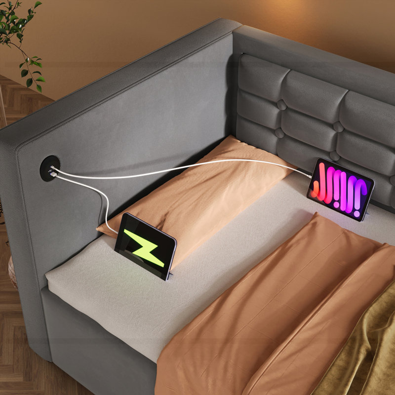 Lit de jour rembourré avec chargement USB et Type-C, Gris