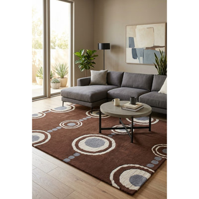 Tapis d'intérieur en laine touffeté à la main à motif géométrique brun, ivoire et bleu Colbye