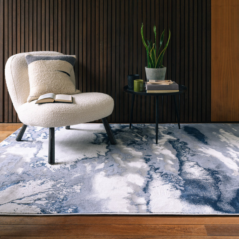 Blue Modern Easy To Clean Abstract Optical/ (3D) Rug For Dining Room Bedroom Livingroom, Polyester/Polypropylene Plastic