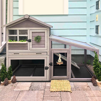 Cage à lapin pour l'extérieur intérieur, cage à lapin avec couche de PVC et filet métallique inférieur, poulailler en bois avec toit UV, plateau étanche, couloir